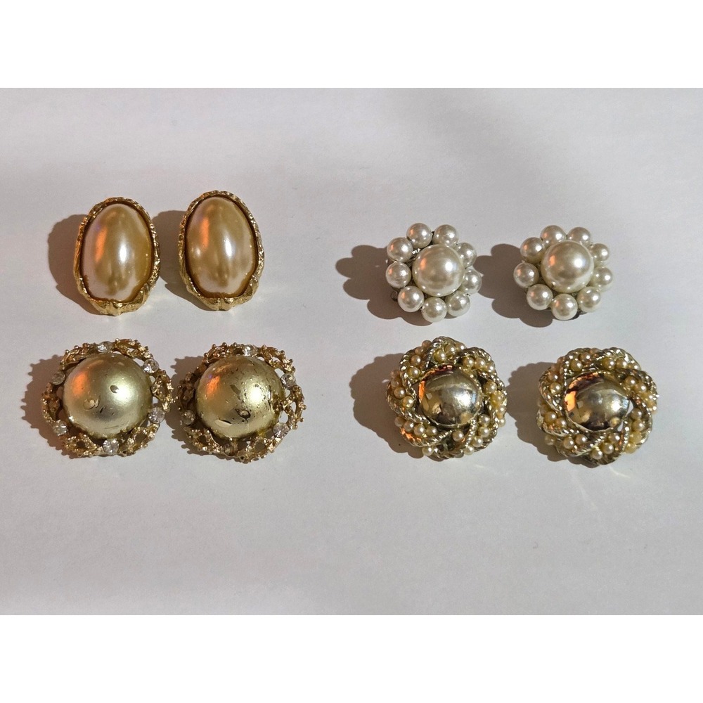 Lot of 4 Vintage Faux‎ Pearl Gold Tone Clip On Costume Earrings